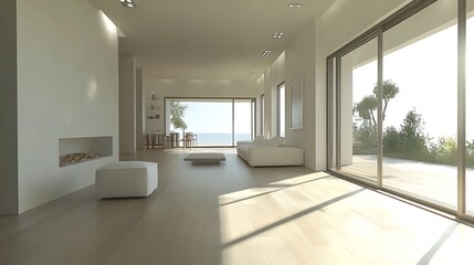 Fototapeta premium Modern minimalist living room with ocean view, sunlight streaming through large glass doors.
