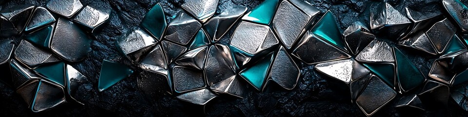 Metallic silver patterns and teal points over a dark base.