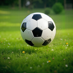 Fototapeta premium Soccer ball on green field with flowers, outdoor sports theme