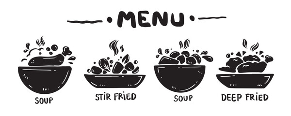 Menu icon set for food categories, hand drawn, vector illustration. (Soup, Stir fried, Deep fried)