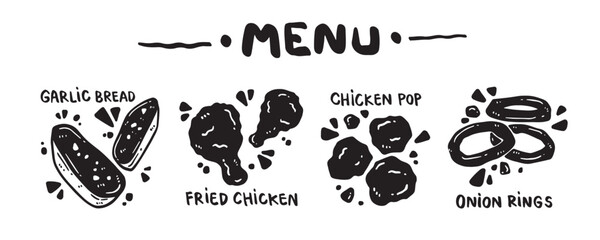Menu icon set for food categories, hand drawn, vector illustration. (Garlic bread, Fried chicken, Chicken pop, Onion rings)