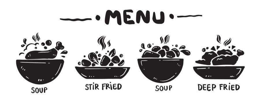 Menu icon set for food categories, hand drawn, vector illustration. (Soup, Stir fried, Deep fried)