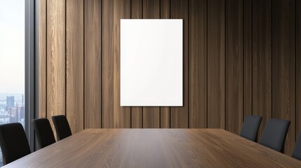 Fototapeta premium Blank poster in modern conference room with wooden accents provides space for creative ideas