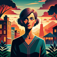 Confident woman avatar with retro hairstyle in vibrant cityscape at sunset