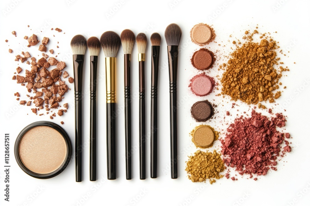 Poster An array of makeup brushes, palettes, and powders is neatly displayed on a white surface, inviting creativity in beauty application. Generative AI