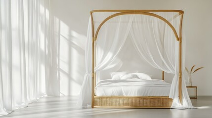 A rattan canopy bed frame with flowing sheer curtains