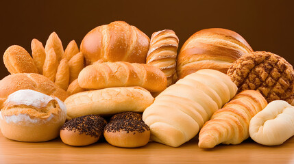 A vibrant selection of various bread types, including rolls, croissants, and sweet pastries, arranged neatly on a wooden surface