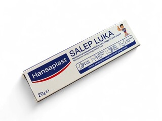 Fototapeta premium Hansaplast Salep Luka isolated on white background,This cream functions to help the healing process of wounds and restore damaged skin,hansaplast brand