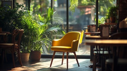 Obraz premium Bright yellow chair in a cozy cafe with lush plants and sunlight filtering through large windows.