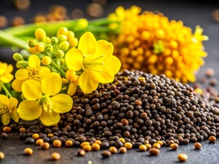 Night Photography: Mustard Seeds & Flowers, White Background, Macro, Closeup, Still Life, Botanical 