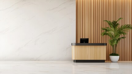 Luxury hotel lobby features elegant reception desk and modern decor
