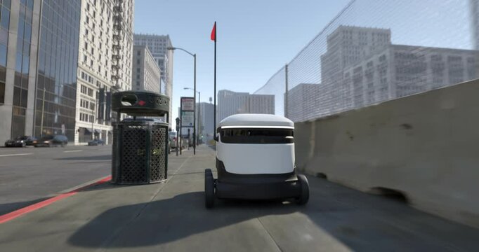 An autonomous delivery robot navigates a city sidewalk. Equipped with a flagpole for visibility, it moves efficiently past parked cars and urban infrastructure, showcasing modern mobility solutions