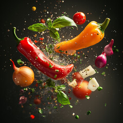 Vegetables floating in the air