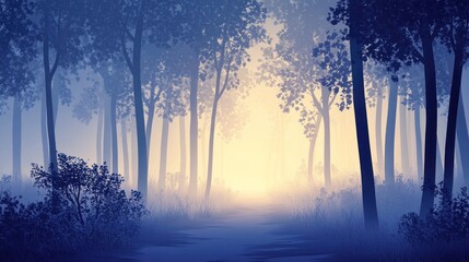 Fototapeta premium Serene Forest Path Morning Mist Enveloping Trees