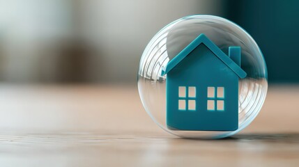 Modern house model inside a transparent bubble on a wooden surface in bright environment