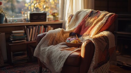Cozy armchair by the window, warm light, and soft blankets create a relaxing atmosphere in a peaceful room.