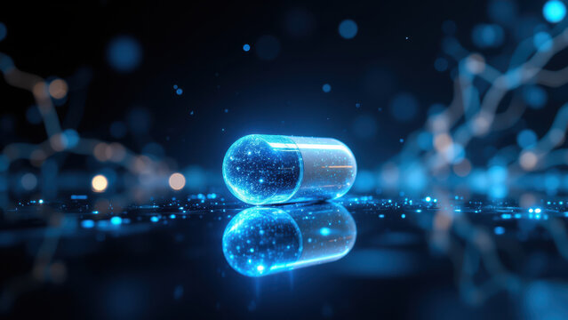 NAD Supplement capsule with a digital network background emphasizing technology and health.