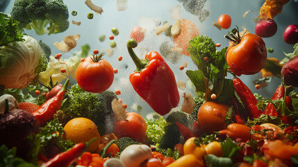 Vegetables floating in the air