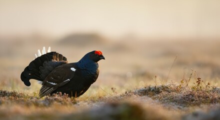 Elegant black grouse in misty autumn meadow at sunrise