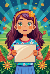 Cute little girl holding blank placard or poster. Board sign with empty space, template for banner
