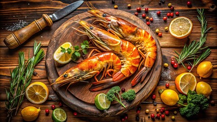 Panoramic Grilled Giant Freshwater Prawn Feast: Delicious Seafood, Summer BBQ, Epicurean Delight
