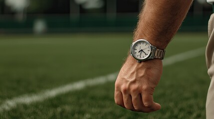 A person wearing a watch stands on a field, showcasing style and athleticism in a serene outdoor setting.