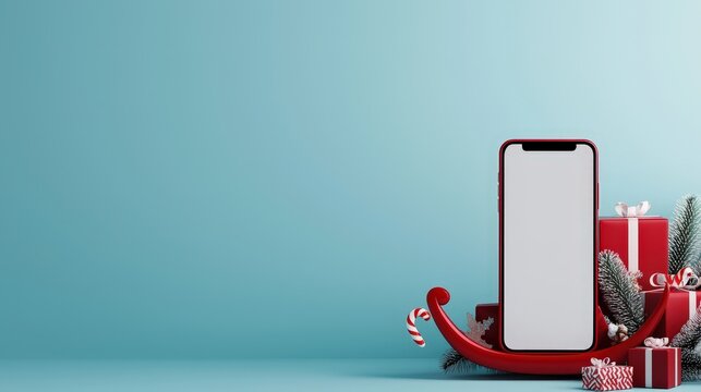 Smartphone mockup in a red sleigh surrounded by festive gifts on a light background