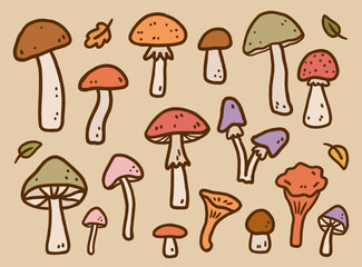 Cute set of autumn mushrooms isolated on a beige background. Vector hand-drawn doodle illustration. Perfect for decorations, logo, various designs.