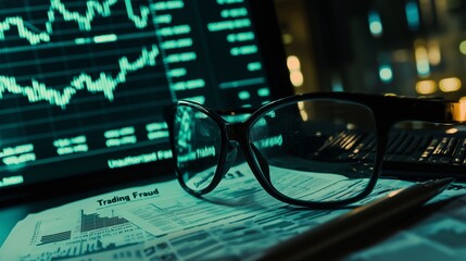 Glasses on financial documents with stock charts symbolize unauthorized trading fraud risks.