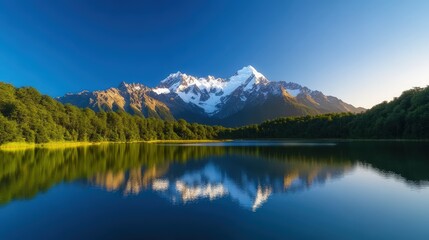 Majestic mountains reflect in the serene lake under a clear blue sky