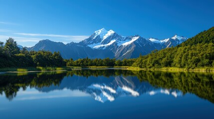 Fototapeta premium Majestic snowy peaks reflected in a serene lake during a clear sunny day