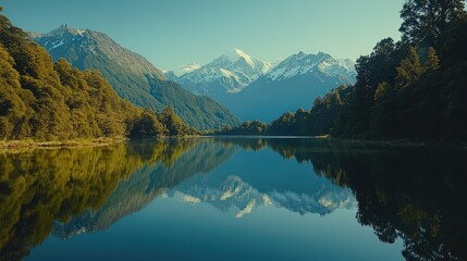 Fototapeta premium Majestic mountains reflect in calm lake surrounded by lush greenery at sunrise