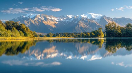 Obraz premium Majestic mountain landscape with reflective lake during clear day in tranquil setting