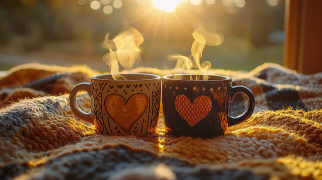 Love confessions Warm mugs of steaming coffee on a cozy blanket, illuminated by soft morning sunlight.