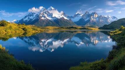 Fototapeta premium Majestic mountains reflect in calm lake under clear blue sky at sunrise