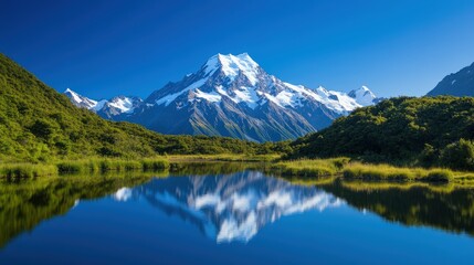 Majestic snow-capped mountains reflected in a serene lake under a clear blue sky