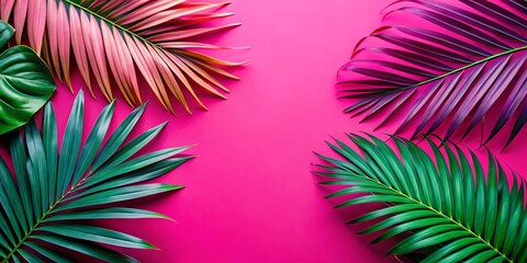 Pink Tropical Palm Leaves Flat Lay Summer Background Minimalist Fashion Photography