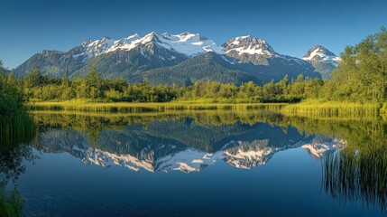 Majestic mountainous landscape reflecting in tranquil waters at dawn