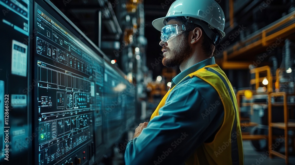 Poster Focused engineer in safety gear observes high-tech control panels within a gas processing facility, ensuring efficient operations and monitoring systems for optimal performance