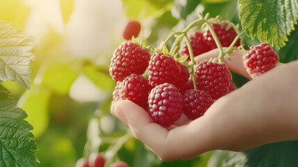 Close up of a hand holding clusters of ripe raspberries in a sunlit garden, highlighting their...