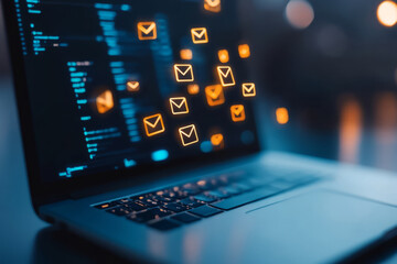 Laptop with email icons floating around