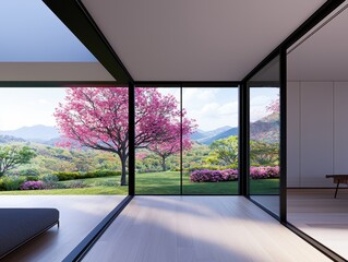 Fototapeta premium A serene modern interior with large windows showcasing a vibrant landscape of blooming pink trees and lush greenery.