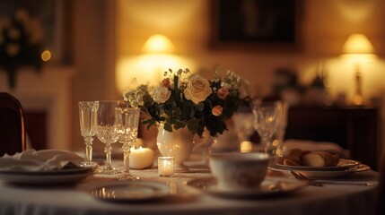 Elegant dinner table setup with flowers and candles in warm lighting for a cozy atmosphere.