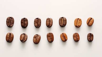Different varieties of coffee beans arranged neatly on a light-colored background, illuminated with soft natural light. The beans are placed slightly to the left, generative ai illustration