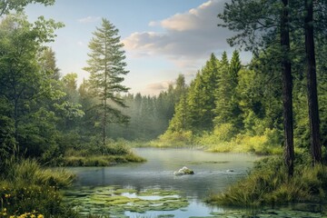 Serene forest landscape with calm water and lush greenery during golden hour