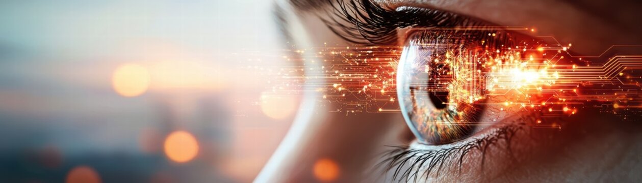 High fidelity cybernetic eye wireframe illustration digital technology concept modern urban environment close-up view