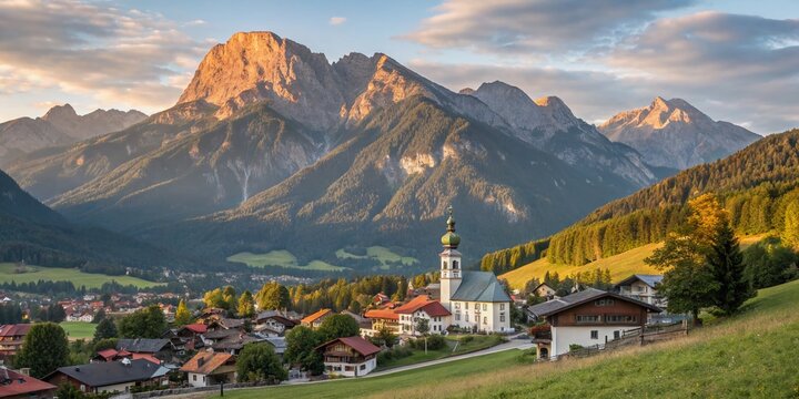 Breathtaking Panoramic View of Oberau, Bavaria, with the Ester Mountains in the Background Under a Radiant Sun, Showcasing the Charm of a Mountain Town in Germany