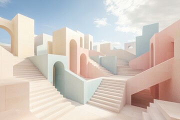 Fototapeta premium A serene scene of pastel-colored architectural structures with stairs and arches, illuminated by soft sunlight under a clear sky.