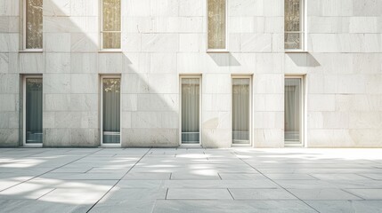 Elegant minimalist Parisian building, wall with windows and doors, sunlit afternoon, serene urban environment, no people visible.