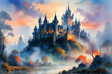 Watercolor painting of a castle in the fog at dawn